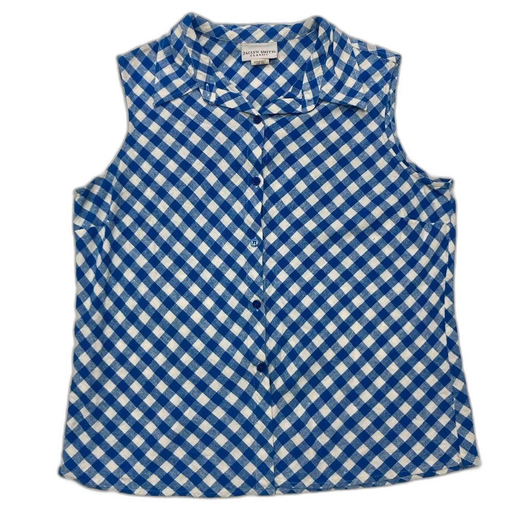Jaclyn Smith Sleeveless Linen Blend Shirt Size L Blue Check Button Front